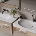 Modern Double Basin Washbasin Vanity With Wooden Cabinet White Countertop Black Faucet And Mirror