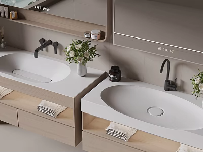 Modern Double Basin Washbasin Vanity With Wooden Cabinet White Countertop Black Faucet And Mirror 3d model
