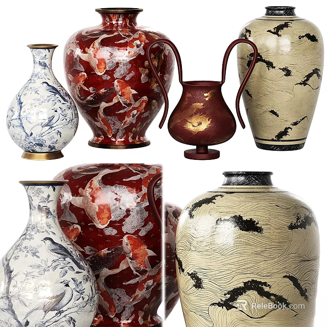 Colorful Ceramic Vase Ornament Set with Traditional Patterns and Diverse Designs for Home Decor 3d model 