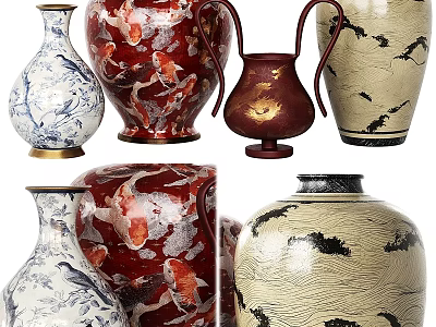 Colorful Ceramic Vase Ornament Set with Traditional Patterns and Diverse Designs for Home Decor 3d model