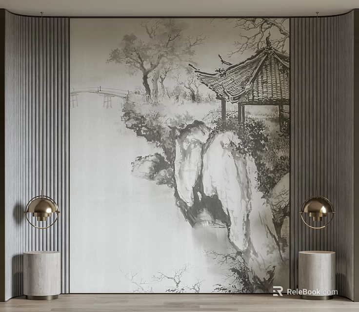 Traditional Chinese Bedroom Accent Wall Featuring Landscape Mural And Wall Sconces 3d model 