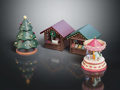 Christmas Scene Elements With Decorated Tree Lighted Wooden Cabin And Colorful Carousel 3d model