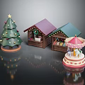 Christmas Scene Elements With Decorated Tree Lighted Wooden Cabin And Colorful Carousel