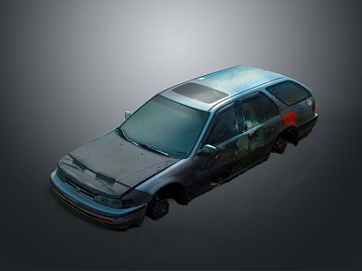 Old Gray Station Wagon With Damaged Body Faded Paint And Sunroof Feature 3d model