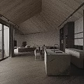 Minimalist Modern Dining and Living Room With Wooden Ceiling Dining Table Large Windows and Sofa