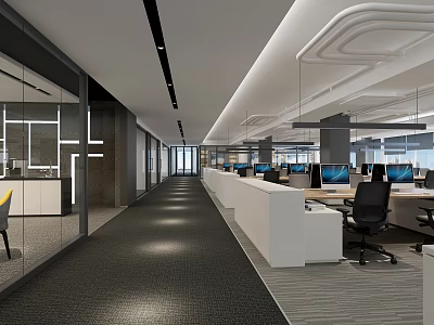 Modern Public Office Area With Open Layout Desks Computers Carpeted Floor And Lighting 3d model