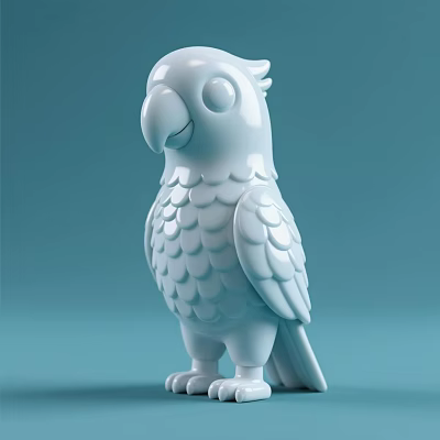 White Parrot Doll with Detailed Feather Textures in Standing Position on Light Blue Background 3d model