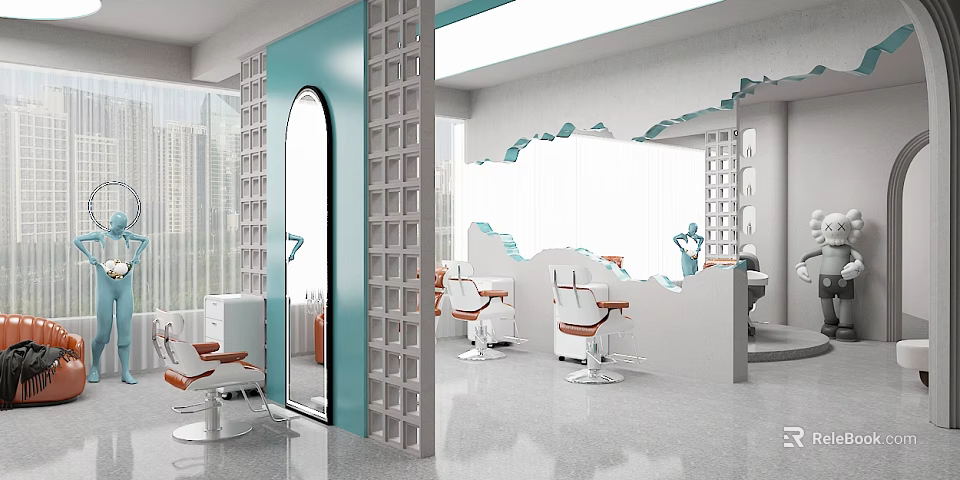 Modern Beauty Hair Salon Open Space Blue Arched Door White Chairs Large Mirrors City View 3d model 