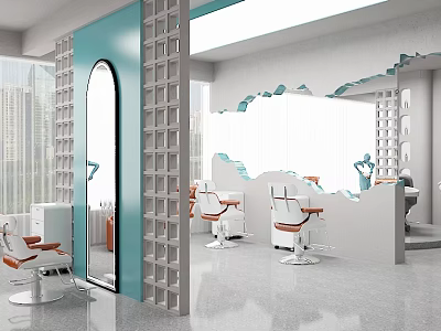 Modern Beauty Hair Salon Open Space Blue Arched Door White Chairs Large Mirrors City View 3d model