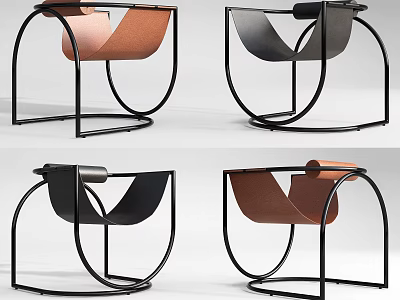 Leisure Chair with Modern Curved Metal Frame and Leather Seat in Brown Black 3d model