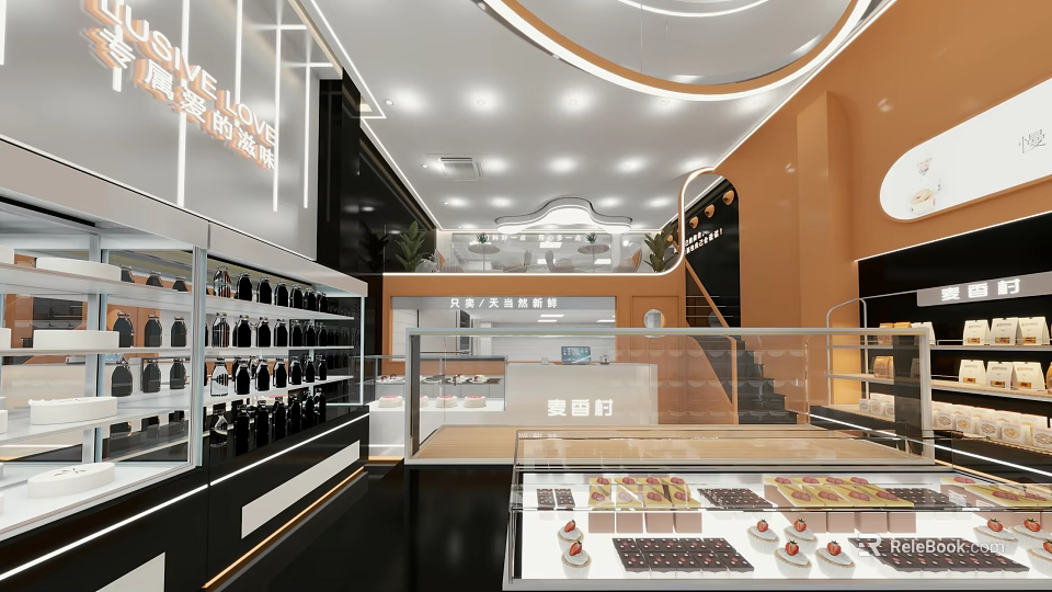 Modern Dessert Shop Interior With Display Cases And Desserts 3d model 