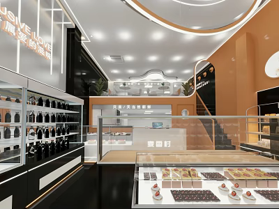 Modern Dessert Shop Interior With Display Cases And Desserts 3d model