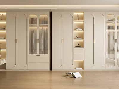 Modern Wardrobe Interior With Glass Doors Built in Shelves And Warm Lighting 3d model