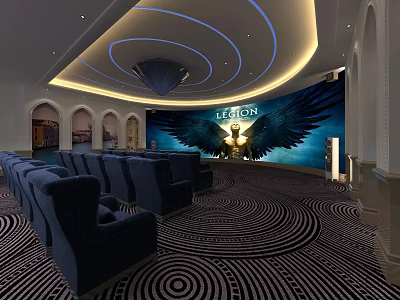 Modern Conference Room Interior With Comfortable Blue Seats And Winged Backdrop Design 3d model