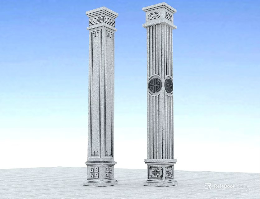Pair of Classical Decorative Columns With Intricate Carved Patterns And Circular Ornaments 3d model 