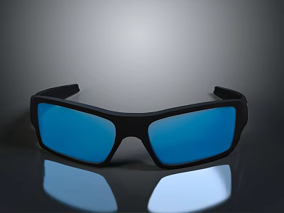 Stylish Black Frame Sunglasses With Blue Lenses On Reflective Surface 3d model