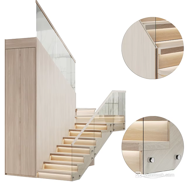 Modern Wooden Staircase Design With Glass Railing And Built in LED Strip Lighting 3d model 