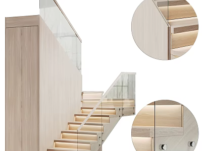 Modern Wooden Staircase Design With Glass Railing And Built in LED Strip Lighting 3d model