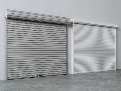 Gray And White Roller Shutters Mounted On White Wall With Gray Floor 3d model