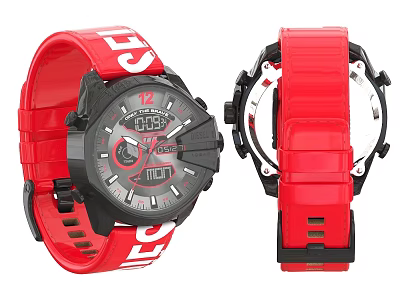 Sporty Watch With Red Strap Black Dial Front And Back View Design 3d model