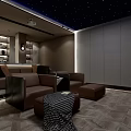 Home Theater Interior With Starry Ceiling Large Screen Sofa Marble Bar And Orange Chairs