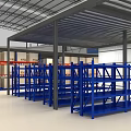 Spacious Warehouse Interior With Blue Metal Shelves And Neatly Stacked Boxes