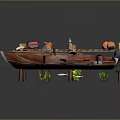 Brown Wooden Boat With Seats Steering Wheel Near Wooden Dock Lifebuoy Red Box Orange Buoys
