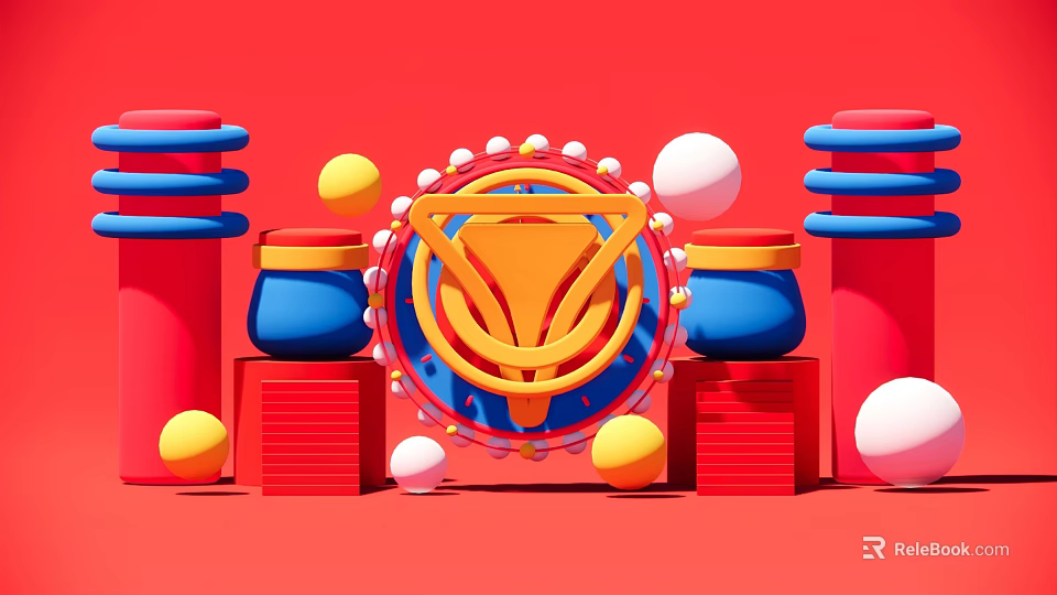 Vibrant Decorative Set With Blue Red Cylinders Yellow Emblem And Colorful Balls On Red Background 3d model 