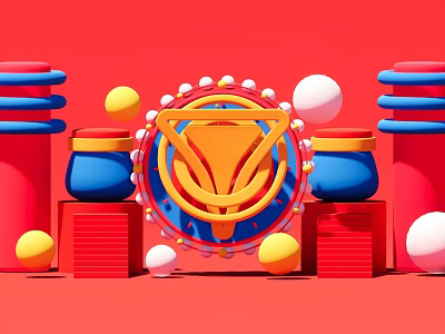 Vibrant Decorative Set With Blue Red Cylinders Yellow Emblem And Colorful Balls On Red Background 3d model