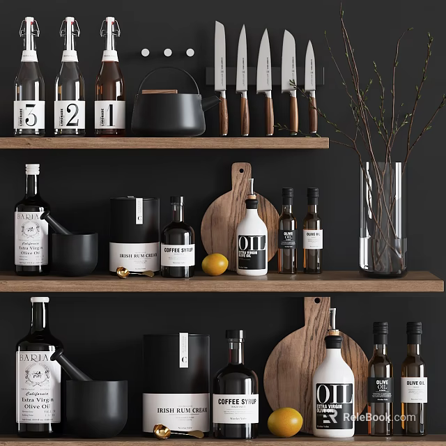 Dark Kitchen Shelves Displaying Cookware Containers And Cutlery 3d model 