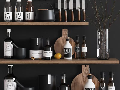 Dark Kitchen Shelves Displaying Cookware Containers And Cutlery 3d model