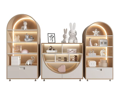 Beige Arched Display Cabinets With Rabbit Dolls Decorative Items And Warm Lighting 3d model