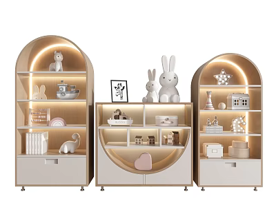 Beige Arched Display Cabinets With Rabbit Dolls Decorative Items And Warm Lighting 3d model