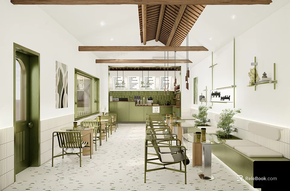Modern Cafe Interior With Wooden Ceiling Green Cabinets Tables Chairs And Plants 3d model 