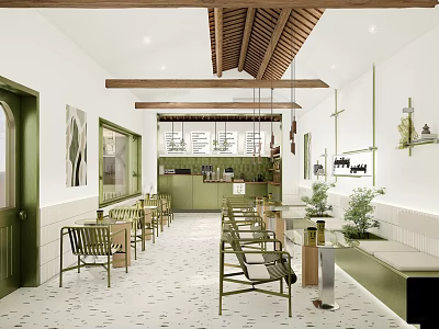 Modern Cafe Interior With Wooden Ceiling Green Cabinets Tables Chairs And Plants 3d model