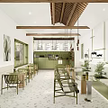 Modern Cafe Interior With Wooden Ceiling Green Cabinets Tables Chairs And Plants