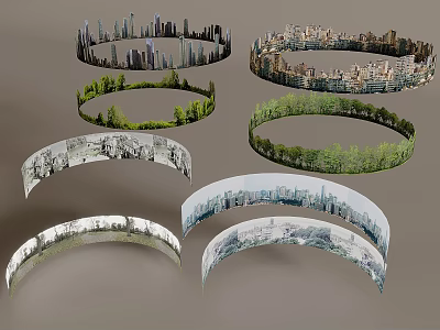 Innovative Garden Landscape with Circular Designs Urban Buildings and Green Vegetation 3d model