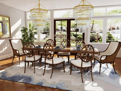 Elegant Dining Table Set With Wooden Chairs Glass Chandeliers And Natural Light Through Windows 3d model