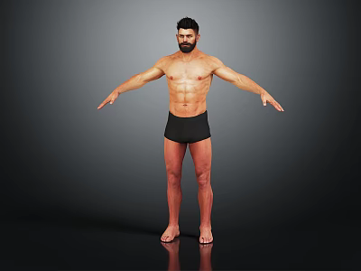 Shirtless Man Standing with Arms Outstretched in Black Shorts Against Dark Background with Reflective Floor 3d model