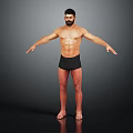 Shirtless Man Standing with Arms Outstretched in Black Shorts Against Dark Background with Reflective Floor