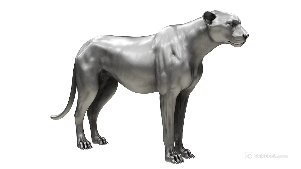 Detailed Silver Gray Cheetah Sculpture With Metallic Texture And Standing Posture 3d model 