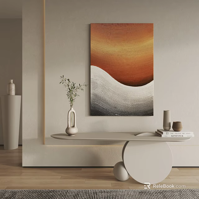 Modern Interior With Abstract Painting White Curved Table Vase Green Plants Books And Decor 3d model 