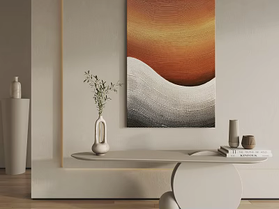 Modern Interior With Abstract Painting White Curved Table Vase Green Plants Books And Decor 3d model