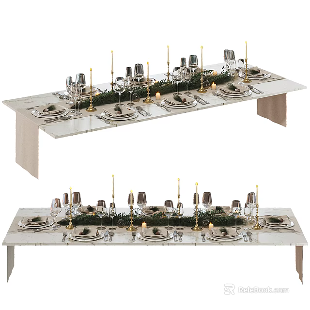 Elegant Dining Table Set with Plates Glasses Candles and Green Decorative Elements 3d model 