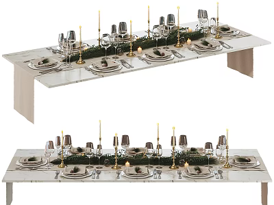 Elegant Dining Table Set with Plates Glasses Candles and Green Decorative Elements 3d model