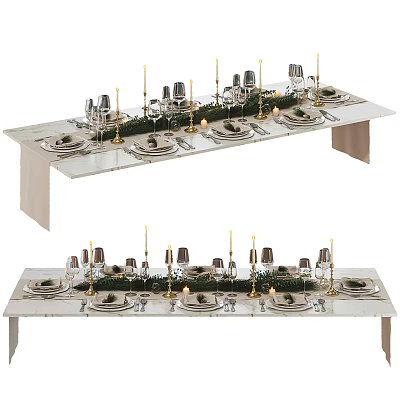Elegant Dining Table Set with Plates Glasses Candles and Green Decorative Elements 3d model