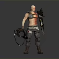 Bald Warrior Character With Red Tattoos Mechanical Arm Large Weapon And Tattered Combat Outfit