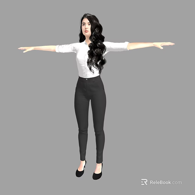 Woman in white shirt black skinny pants with long black hair arms outstretched gray background 3d model 