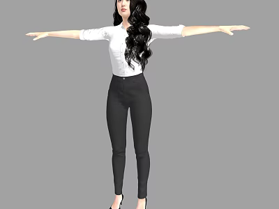 Woman in white shirt black skinny pants with long black hair arms outstretched gray background 3d model