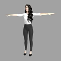 Woman in white shirt black skinny pants with long black hair arms outstretched gray background